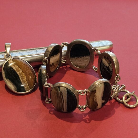 Petrified Palm Wood/Sterling Silver Bracelet and Pendant - Picture 2 of 15